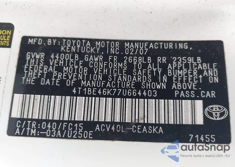 2007 Toyota Camry Se из США, поврежденный, VIN 4T1BE46K77U664403